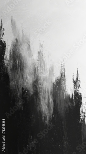 A stark black and white backdrop with a minimalist abstract brushstroke design. Wallpaper. Background.