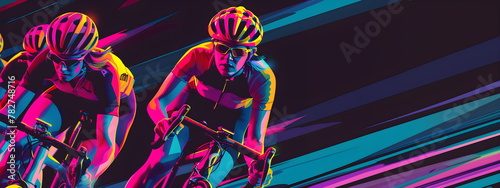 Professional bicycle racer riding a bike on abstract colorful graphic background. Cycle sport flat art poste