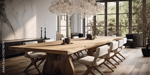 A  Nordic-inspired dining room with a long wooden table  upholstered chairs  and a statement chandelier.