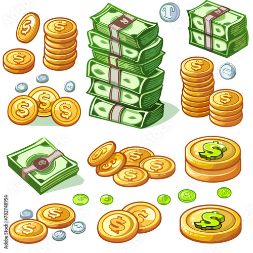 Cartoon money and coins. Green dollar banknotes pile, golden coin and rich.
