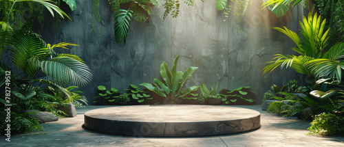 podium stone platform with a lush green garden  product display