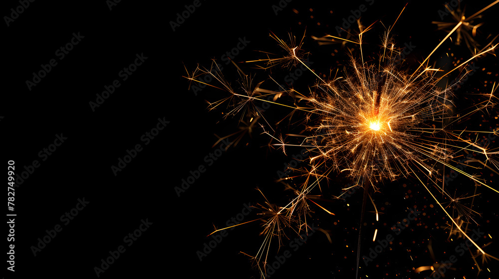 Gold Sparkler Firework on Black background. Celebration Banner with copy space