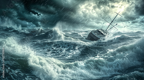 Boat in distress. A ship sailing in the storm on a rough sea, ab