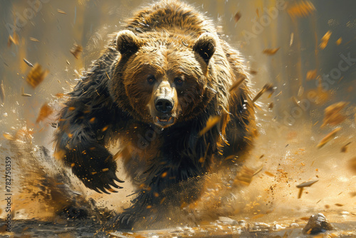 A powerful bear in motion, captured with a blurred background for a sense of speed and energy