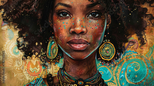 In this portrait a beautiful black woman exudes a soul with her flowing curly locks and warm vibrant colors. Her piercing eyes convey a sense of adventure and her ornate jewelry and .