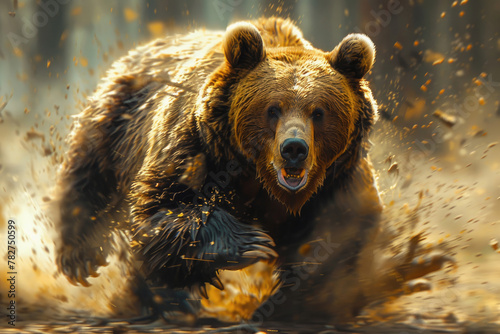 A powerful bear in motion, captured with a blurred background for a sense of speed and energy