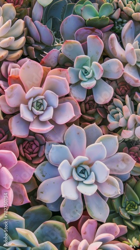 A close-up view of a bunch of colorful and diverse succulents showcasing their unique textures and shapes. Wallpaper. Background.