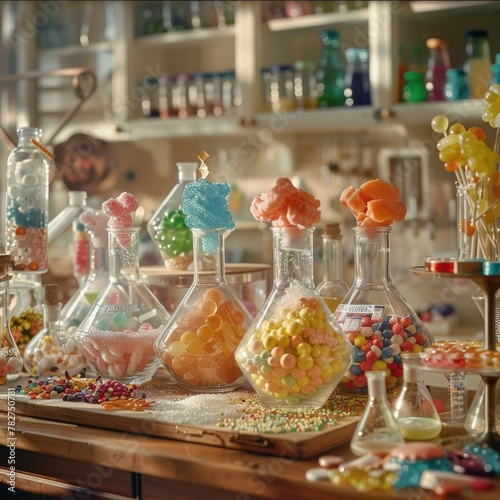 A science lab where experiments bubble with fizzy candy concoctions in beakers.