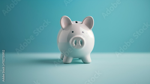Minimalist image of a cute white ceramic piggy bank standing against a serene blue background, symbolizing savings and financial planning