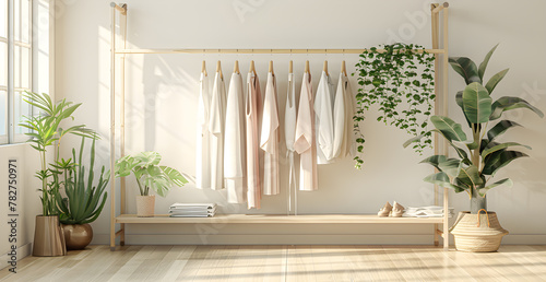 A white room with a window and a wooden shelf with clothes hanging on it photo