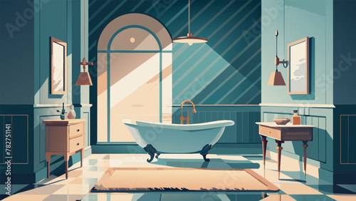 A modern bathroom with vintage flair featuring a luxurious marble bathtub and rain shower accented by a shabby chic vanity and antique mirror.
