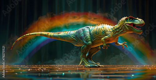 A colorful dinosaur with a rainbow in the background photo