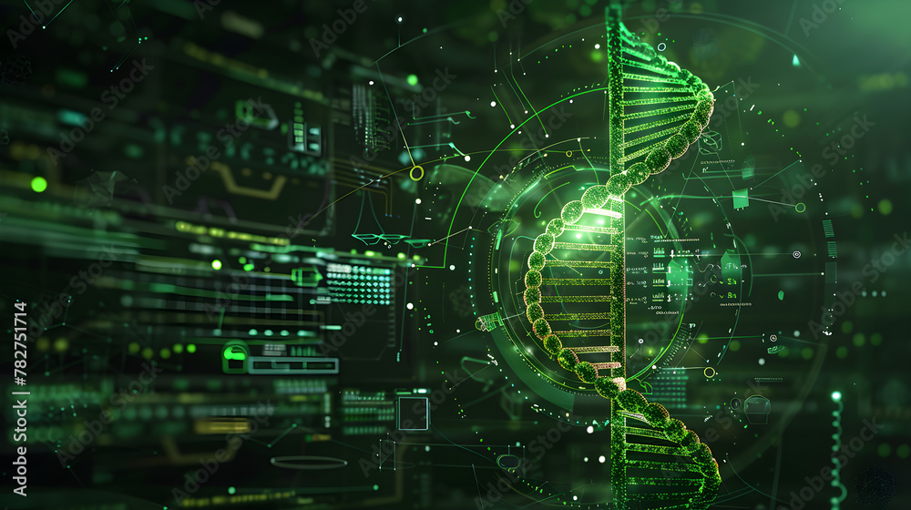 A green computer screen with a DNA strand on it A green computer screen with a DNA strand on it