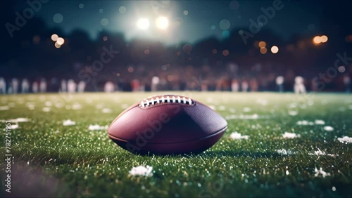 Close-up of American football ball on grass. Background of stadium illuminated by the lights. The concept of sport and leisure. Ai-generated.