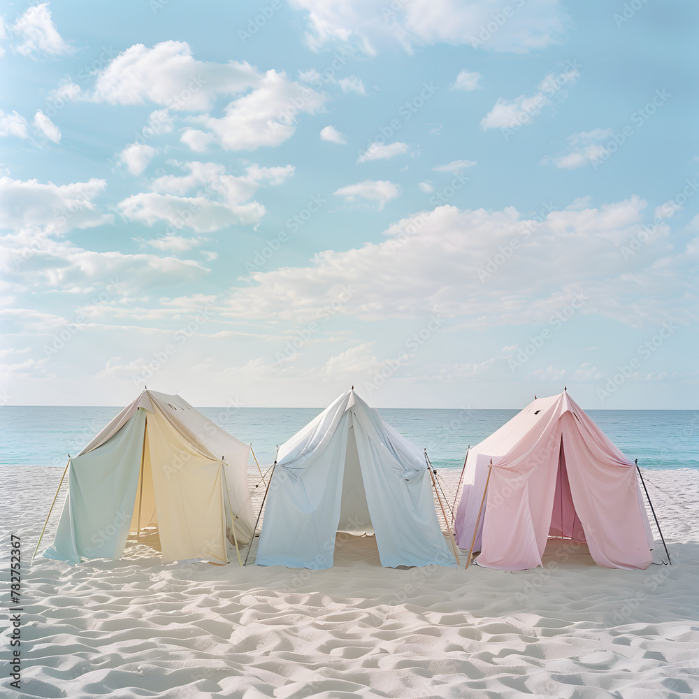 Three colorful beach tents are set up on a sandy beach. The tents are of different colors, with one being yellow, another pink, and the third blue. Concept of fun and relaxation
