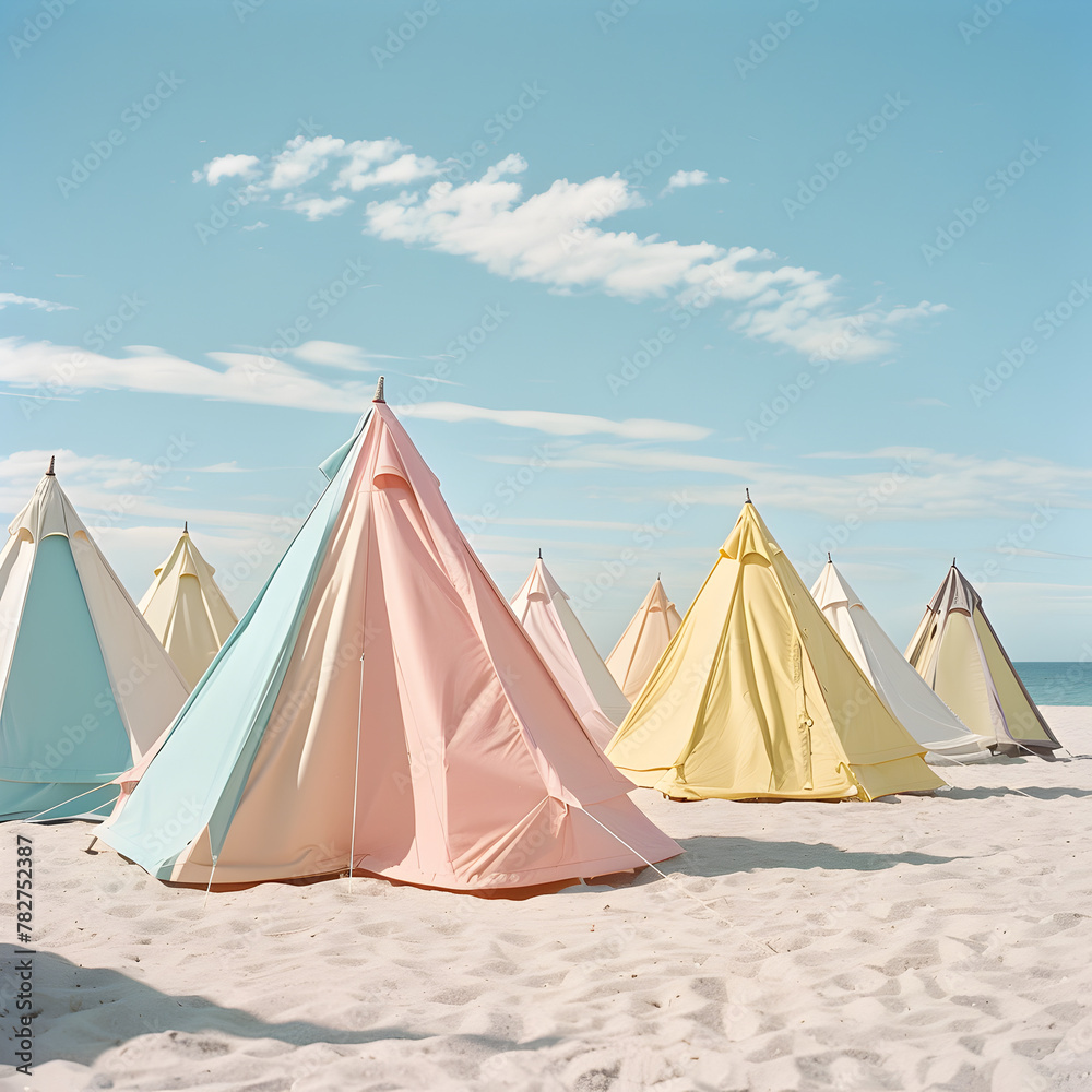 A row of colorful tents are set up on a beach. The tents are of different colors and sizes, creating a vibrant and lively atmosphere. Concept of fun and relaxation, as people can enjoy the beach