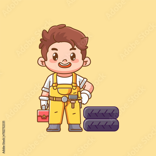 Cute mechanic hips with tool at workshop kawaii chibi character mascot illustration outline style design