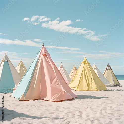 A row of colorful tents are set up on a beach. The tents are of different colors and sizes  creating a vibrant and lively atmosphere. Concept of fun and relaxation  as people can enjoy the beach