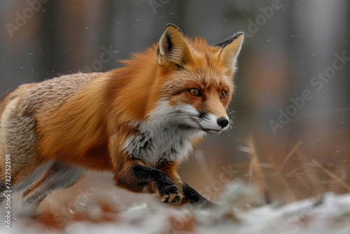 A vibrant red fox dashing through the forest