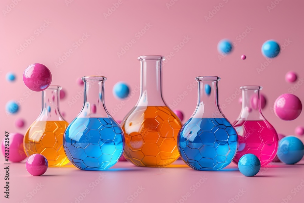 Group of Colorful Glass Flasks Filled With Liquid. Generative AI Group of Colorful Glass Flasks Filled With Liquid. Generative AI