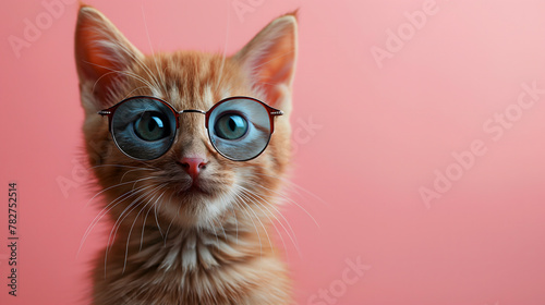 Cute ginger kitten with glasses on a pink background. Copy space.