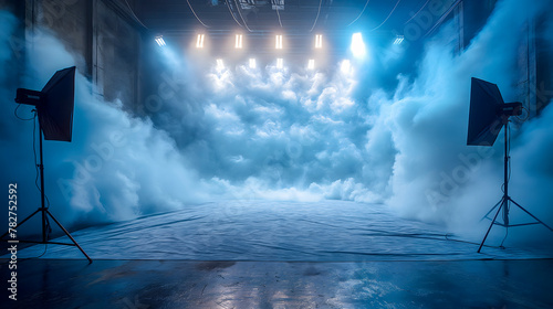 Empty stage with spotlights, smoke and spotlights. 3d rendering