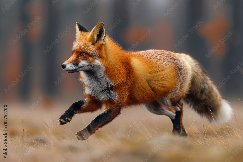 Fototapeta premium A vibrant red fox dashing through the forest