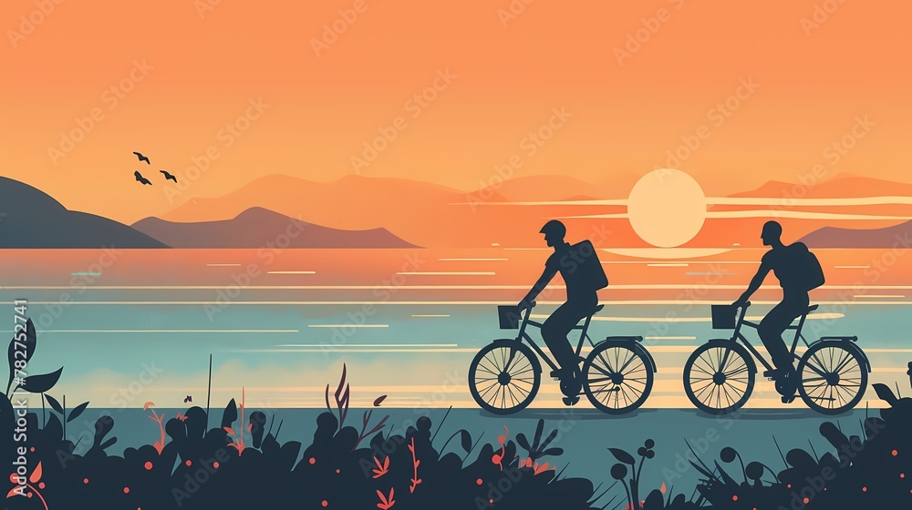 Fototapeta premium minimalist sunset seaside path illustration poster background