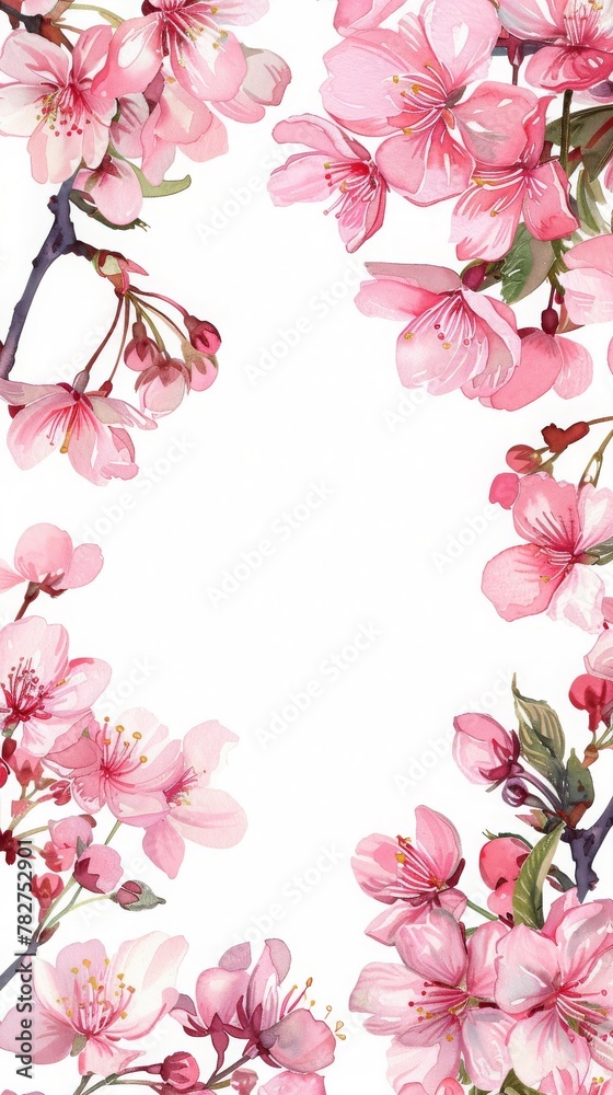 Vertical frame of pink cherry blossom flowers. Watercolor illustration. Empty space in the center for text 