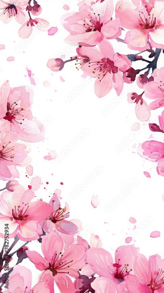 Frame of pink sakura blossom flowers. Watercolor illustration. Empty space in the center for text 