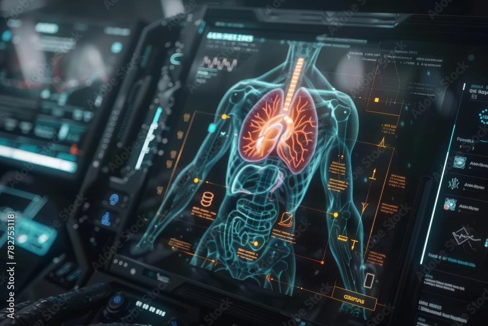 3D Holographic Human Torso Showing A Pulsating Heart and Displaying Health Metrics in a Futuristic Manner, Illustrating Advanced Medical Technology Concept. 3D Holographic Human Torso Showing A Pulsating Heart and Displaying Health Metrics in a Futuristic Manner, Illustrating Advanced Medical Technology Concept.