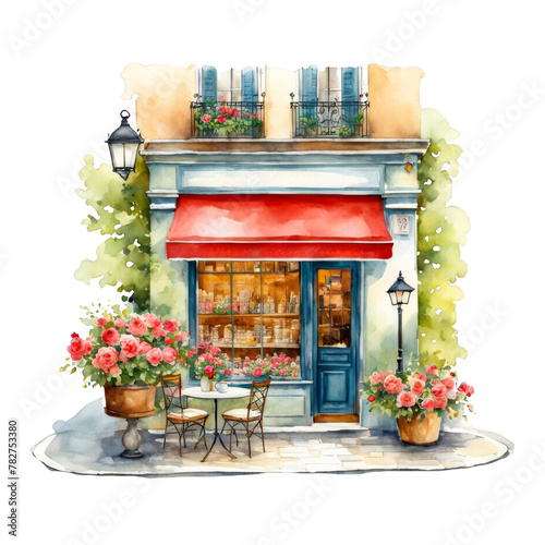 Charming Parisian style cafe with wrought iron tables and chairs, watercolor painting, cozy Lo-fi scene, isolated