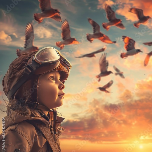 A young child in a pilots hat pretending to fly with a group of migratory birds across a beautiful sunset sky photo