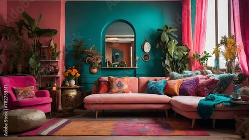 A cozy and eclectic living room, filled with vibrant colors and unique decor pieces, rendered in a whimsical and dreamy style. To
