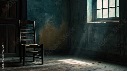 An empty chair in a dimly lit room signifying the pain of absence or loss photo