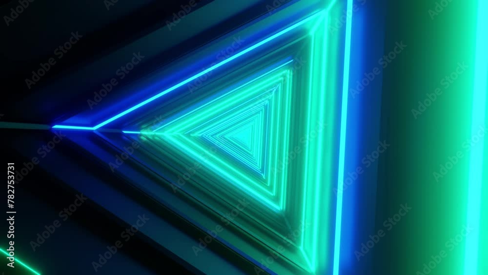 Loop VJ animation background. Camera flying in a triangular neon tunnel with blue and turquoise lights.
