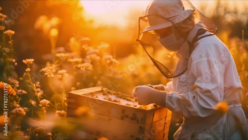 The beekeeper pulls out a frame with honey from the beehive. Apiarist in protective suit holds a honey cells with bees in his hands. Ai generated. photo