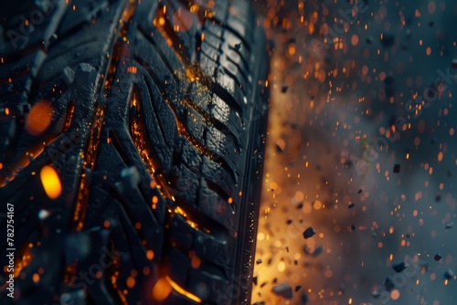 Detailed Particle Dispersion: Zoomed-in Animation of Tire Particles Breaking Off and Interacting with the Environment, Illustrating Chaos Concept. photo