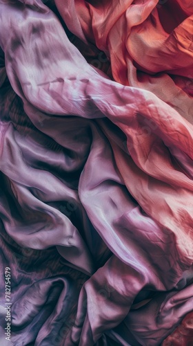 Detailed view of crumpled pink and purple silk fabric texture. Wallpaper. Background.