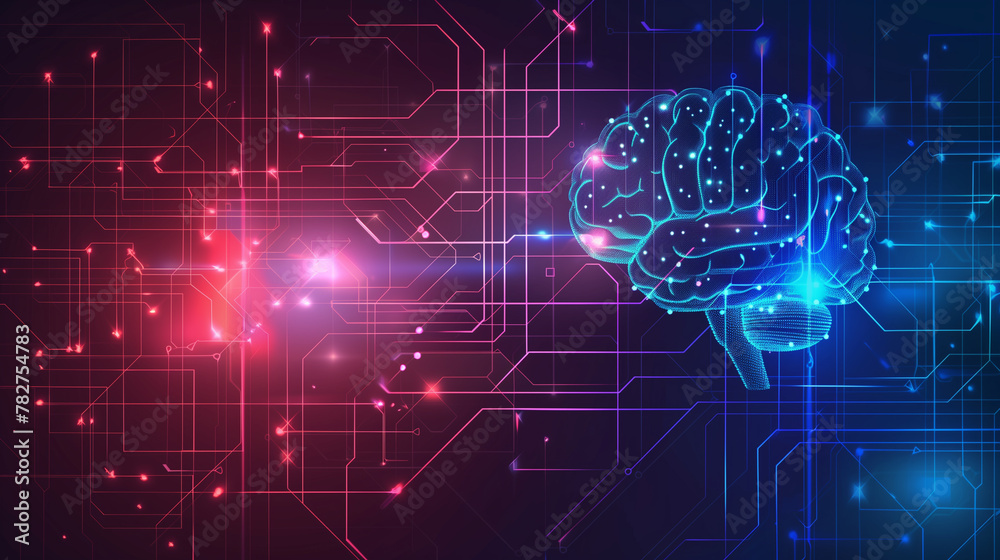 A brain is shown in a purple and blue background with a lot of lines. The brain is surrounded by a lot of lines and he is a computer generated image. Scene is somewhat abstract and futuristic A brain is shown in a purple and blue background with a lot of lines. The brain is surrounded by a lot of lines and he is a computer generated image. Scene is somewhat abstract and futuristic