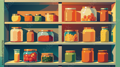 A brightlycolored shelf in a pantry displaying neatly stacked jars of preserved fruits and vegetables showcasing the beauty and practicality of