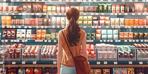 A woman overwhelmed by the vast selection of products in a grocery store or supermarket facing the dilemma of choosing from the many options and