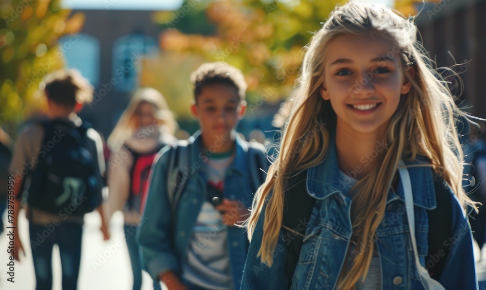 Fototapeta premium Students walking together from school at sunny day