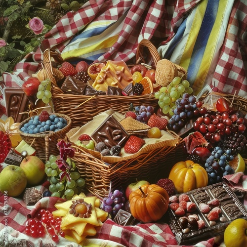 A picnic scene with a blanket of fruit leather, and a basket filled with assorted candies and chocolate treats.