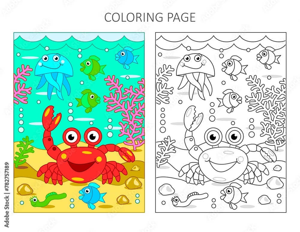 Fototapeta premium Color by sample. Coloring page with crab and underwater scene of sea life. 