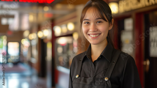A cheerful young waitress is standing at the welcoming entrance of a restaurant photo