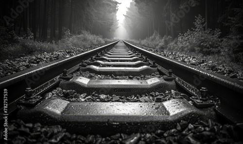 Monochromatic image of railroad tracks receding into misty forest, representing life's journey and the unknown path that lies ahead photo