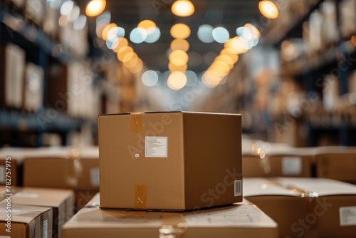 Business background Blurry warehouse on background Transporting product boxes. © CHAWA GEN