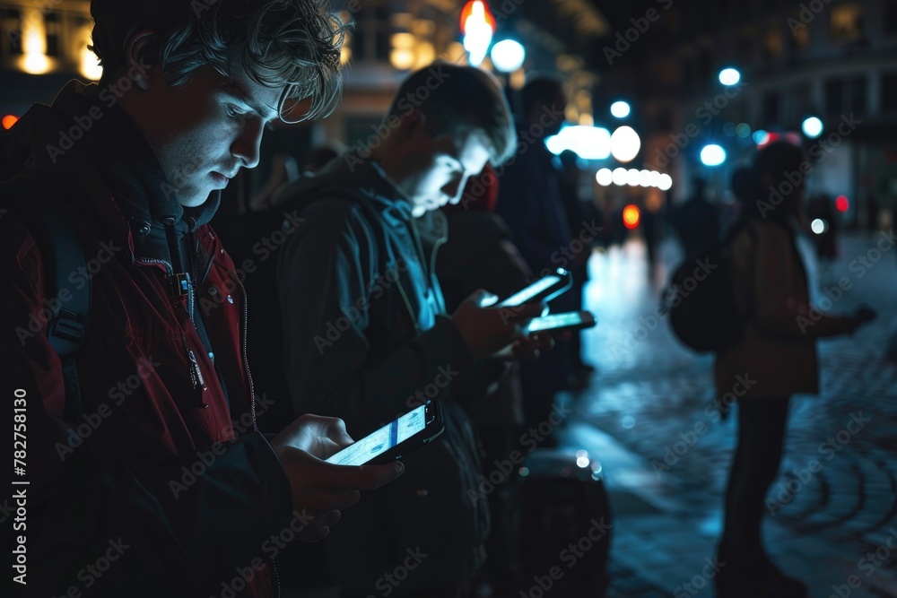 people on street,time of night, addicted to phone. Internet addition concept.