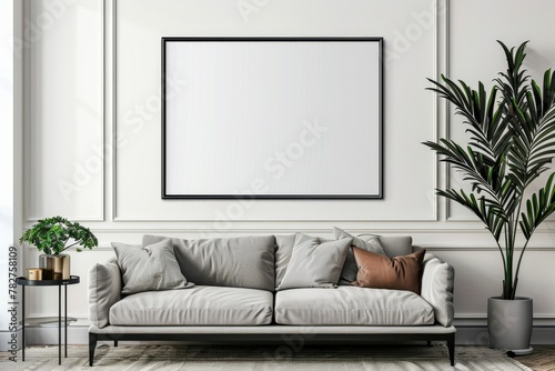 mockup from a horizontal positioned photo frame on the white wall, the aspect ratio of the photo frame is exactly 16 to 9.  photo
